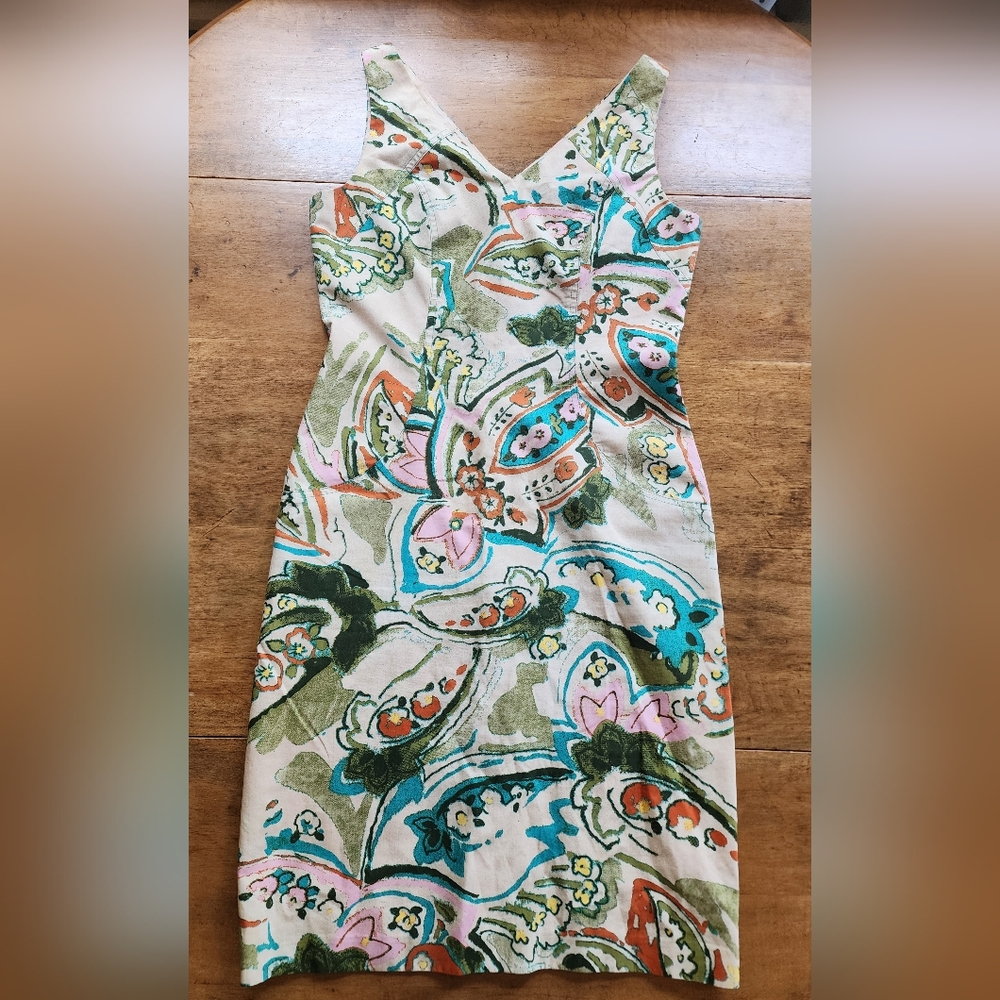 David Meister S 4 Cotton Summer Shift Dress paisley floral sweetheart v neck EUC